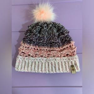 Handmade beanie in pink and purple.